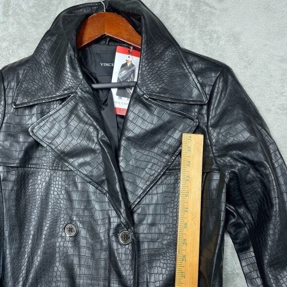 Vince Camuto Black Faux Leather Croc Trench Coat Double-Breasted Medium d0464 - Picture 2 of 10